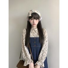 批发2025秋季新款甜美小个子牛仔<b class='q'>背带</b>连衣裙+娃娃领碎花上衣两件套装