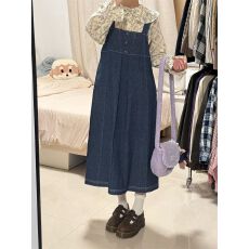 批发韩系文艺学院府后背蝴蝶结牛仔<b class='q'>背带</b>裙+碎花娃娃领长袖衬衫两件套