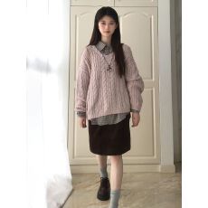 批发日系樱花粉v领显瘦针织套头毛衣秋季少女感格子长袖衬衫两件套装