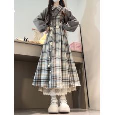 批发韩系文艺风polo领<b class='q'>格子</b>背心<b class='q'>连衣裙</b>女秋季不规则蝴蝶结罩衫两件套装