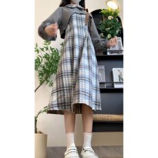 批发文艺风polo领<b class='q'>格子</b>背心<b class='q'>连衣裙</b>女秋季不规则蝴蝶结罩衫长袖两件套装