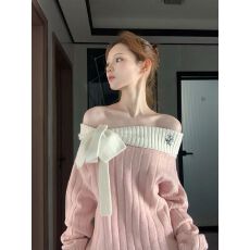 批发法式茶歇千金风贵气一字肩长袖<b class='q'>连衣裙</b>女秋冬季气质设计感针织毛衣