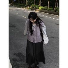 批发三件套装甜美<b class='q'>学院风</b>针织马甲背心女秋季+系带条纹<b class='q'>衬衫</b>+黑色半身裙
