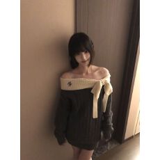 批发纯欲风蝴蝶结长袖针织<b class='q'>连衣裙</b>女秋冬季氛围感灰色露肩刺绣包臀短裙