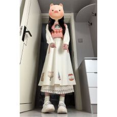 批发三件套装日系温柔风菱格绑带针织背心马甲女+长袖<b class='q'>衬衫</b>+卡通半身裙