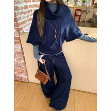 批发韩版慵懒风藏青色堆堆领针织毛衣女学生秋冬搭配灰色<b class='q'>打底衫</b>两件套