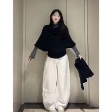 批发韩系慵懒风披肩斗篷<b class='q'>针织衫</b>毛衣女学生秋冬款搭配灰色<b class='q'>打底衫</b>两件套