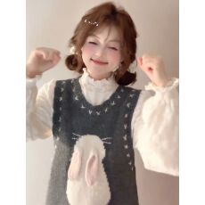 批发甜妹<b class='q'>可爱</b>立体小兔子圆领针织背心<b class='q'>连衣裙</b>女冬季温柔长袖上衣两件套