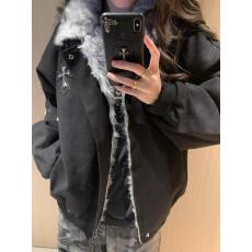 批发巨好看座山雕外套美式复古十字架连帽毛领棉服<b class='q'>女</b>冬季加厚保暖棉衣