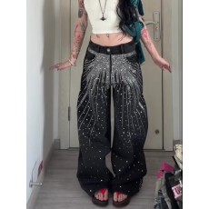 批发【<b class='q'>镶钻</b>】复古重工满天星烫钻<b class='q'>牛仔裤</b>女炸街宽松水洗vibe直筒长裤潮