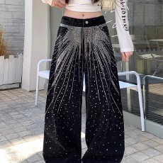 批发【<b class='q'>镶钻</b>】水洗满天星烫钻<b class='q'>牛仔裤</b>女街头直筒宽松显瘦阔腿坠感长裤