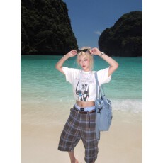 批发夏款日系复古格子休闲<b class='q'>七分裤</b><b class='q'>男</b>宽松阔腿百搭慵懒格纹过膝<b class='q'>短裤</b>情侣