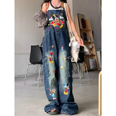 批发刺绣<b class='q'>牛仔</b>背带裤】童趣风背带裤女卡通猫咪刺绣水洗宽松<b class='q'>牛仔</b><b class='q'>长裤</b>潮