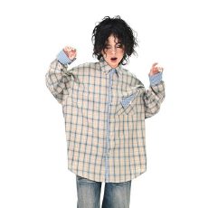批发2025秋季新款复古老钱风格子拼接<b class='q'>长袖</b><b class='q'>衬衫</b><b class='q'>男</b>女宽松衫衣情侣潮