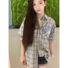 批发春秋美式复古格子拼接撞色<b class='q'>长袖</b><b class='q'>衬衫</b>外套女2025宽松休闲百搭<b class='q'>衬衣</b>潮