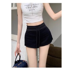 批发灰色抽绳运动短裤女夏薄款小个子高腰<b class='q'>显瘦</b>包臀裤设计感A字阔腿裤