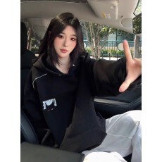 批发原版质量】恶魔猫咪印花连帽卫衣男<b class='q'>女</b>秋重磅正肩上衣松弛感<b class='q'>打底衫</b>