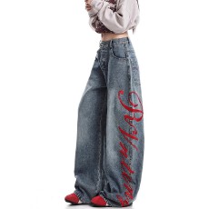 批发【刺绣】美式高街cleanfit字母弯刀<b class='q'>牛仔裤</b>男女阔腿宽松休闲长裤潮