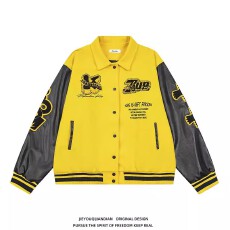 批发原版刺绣龙风尼拼皮】撞色棒球<b class='q'>服</b>夹克男女秋冬宽松情侣高街外套潮