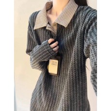 批发【原版鱼骨】长袖polo衫<b class='q'>男</b>女春秋拼接千鸟格<b class='q'>卫衣</b>重磅复古宽松上衣