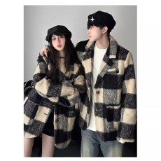 批发小香风复古格纹毛呢加厚西装领外套<b class='q'>男</b>女秋冬季情侣装休闲毛呢外套