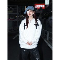 批发重磅痞帅十字花毛绒绒连帽毛衣外套男女情侣装秋冬潮牌宽松<b class='q'>针织衫</b>