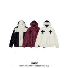 批发重磅痞帅十字花毛绒绒连帽毛衣外套男女情侣装秋冬潮牌宽松<b class='q'>针织衫</b>