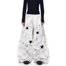 批发脏脏高街做旧星星多口袋工装裤男女<b class='q'>潮牌</b>宽松慵懒原宿阔腿长裤