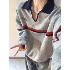 批发美式复古polo领卫衣男女秋撞色拼接套头长袖上衣慵懒<b class='q'>宽松</b><b class='q'>打底衫</b>