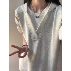 批发【华棉复贝贝绒假两件连帽卫衣<b class='q'>男</b>女秋季设计感V领t恤学院风情侣