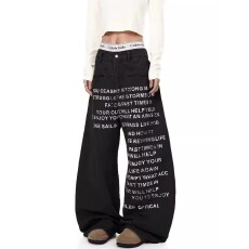 批发美式辣妹字母印花<b class='q'>牛仔</b>裤设计感宽松阔腿拖地弯刀<b class='q'>牛仔</b>裤潮牌