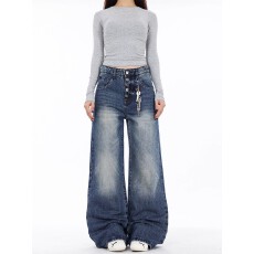 批发美式复古刺绣排扣微喇<b class='q'>牛仔</b>裤男<b class='q'>女</b>水洗直筒百搭裤子潮