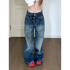 批发美式水洗宽松bf慵懒风<b class='q'>牛仔</b>裤<b class='q'>女</b>辣妹解构设计感多排扣休闲拖地裤