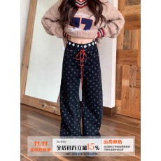 批发美式复古星星满印绑带<b class='q'>牛仔</b>裤<b class='q'>女</b>秋季2025设计感显瘦直筒裤