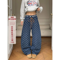 批发美式复古星星满印绑带<b class='q'>牛仔</b>裤<b class='q'>女</b>春秋百搭弯刀阔腿裤宽松<b class='q'>显瘦</b>长裤