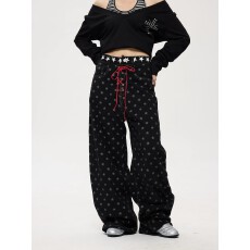 批发美式复古星星印花2025<b class='q'>牛仔</b>裤<b class='q'>女</b>宽松直筒阔腿拖地长裤子