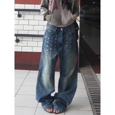 批发美式OOTD重工铆钉牛仔裤女<b class='q'>秋</b>冬设计感低腰垂感宽松显瘦阔腿长裤子