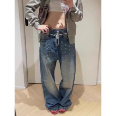 批发辣妹复古洗水烫钻牛仔裤女<b class='q'>秋</b>冬重工宽松阔腿显瘦垂感拖地长裤