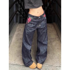 批发美式复古花卉刺绣设计感牛仔裤男女春<b class='q'>秋</b>vibe风宽松直筒休闲长裤