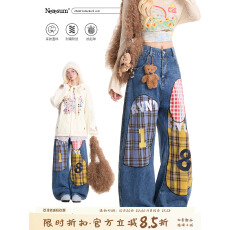 批发设计感格裤子纹拼接牛仔裤女春<b class='q'>秋</b>复古街头潮牌小众休闲阔腿裤