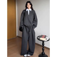 批发春秋季<b class='q'>衬衫</b>拼接假两件休闲卫衣套装男女高级感宽松<b class='q'>运动</b>两件套