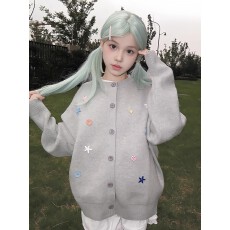 纯北极绒高质量星星刺绣针织开衫女秋冬纽扣毛衣宽松外套上衣