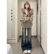 批发美式复古开衫连帽毛领外套男女春<b class='q'>秋</b>情侣同款宽松条纹上衣潮