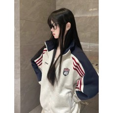 批发【华棉复贝贝绒】撞色条纹徽章立领卫衣外套女<b class='q'>秋</b>冬开衫夹克上衣