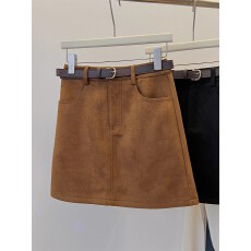 批发【配腰带】麂皮绒半身裙女秋冬百搭口袋包臀裙高腰<b class='q'>显瘦</b>a字短裙