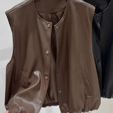 批发【PU皮马甲复古女款<b class='q'>秋</b>冬pu外搭短款无袖坎肩马夹外套