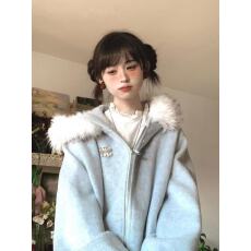 批发羚<b class='q'>羊绒</b>夹棉加绒秋冬季闲仔连帽<b class='q'>大衣</b>毛领加棉毛呢卫衣外套上衣