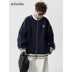 批发【华棉复贝贝绒】条纹常青树夹克男女冬刺绣<b class='q'>棒球</b>服学院风情侣外套