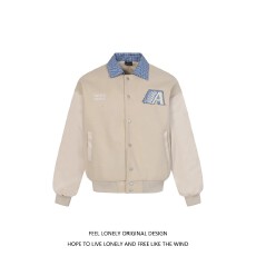 批发格纹前卫焦点拼接A字毛巾绣棒球服外套男女宽松情侣夹克春<b class='q'>秋</b>季