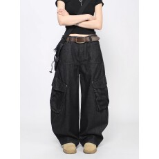 批发美式新概念高街高级感大口袋工装<b class='q'>牛仔裤</b><b class='q'>男</b>女设计感宽松阔腿弯刀裤